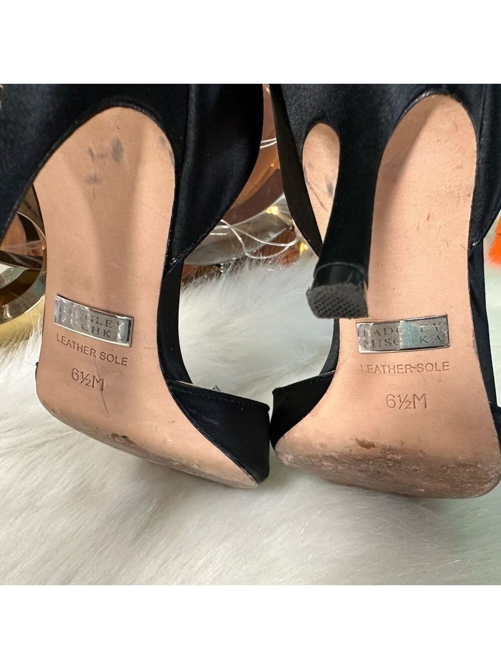 BADGLEY MISCHKA BLACK SATIN D’ORSAY OPEN TOE RHINESTONE EMBELLISHED HEELS 6.5M - Picture 7 of 9
